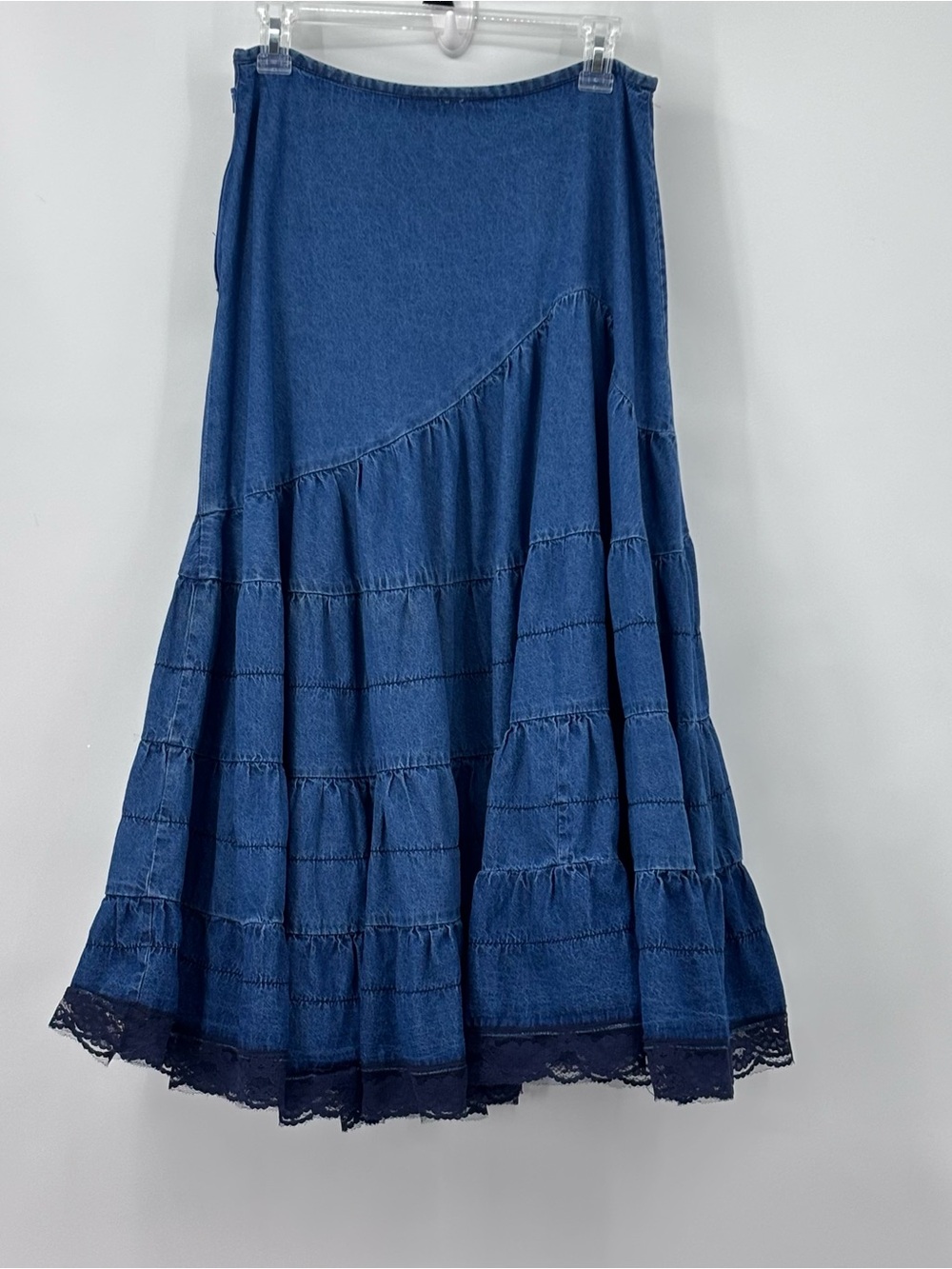 Mix nouveau Layered Denim western boho prairie tiered Maxi Skirt Sz Med lace - Picture 2 of 9
